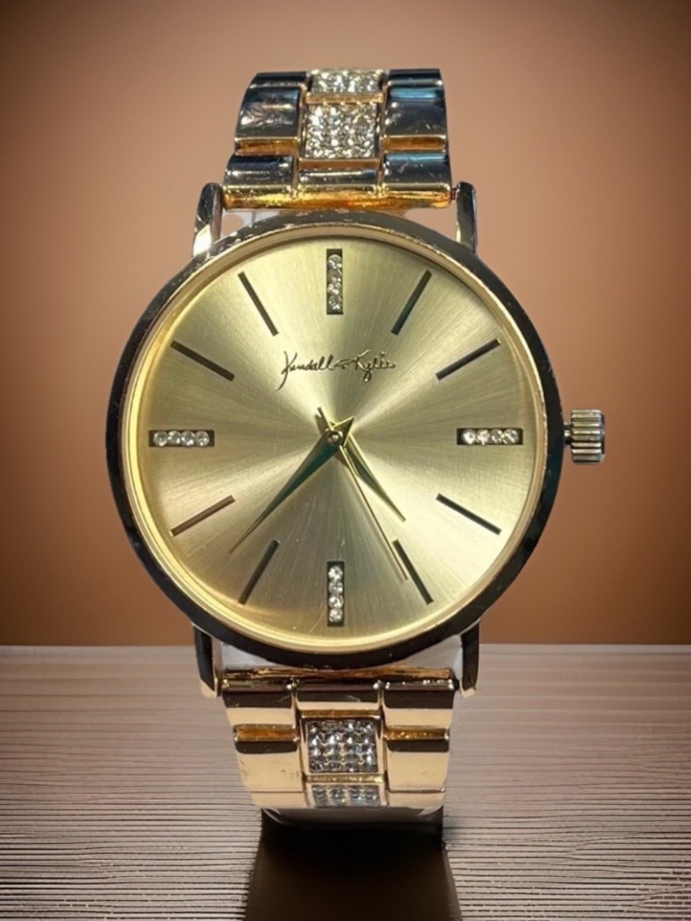 NWOT Kendall + Kylie 40mm Gold Tone Bling Watch w/ Box Needs New Battery